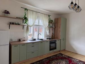 a kitchen with a sink and a window at zelena khata in Sopot +17 photos