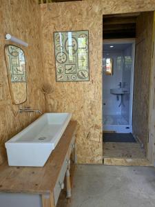 a bathroom with a white sink and a shower at Bus magique avec tente glamping in Saint-Palais +15 photos