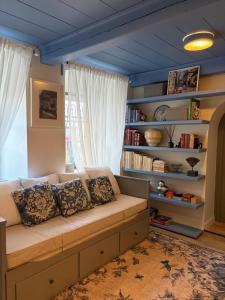 a living room with a couch and a book shelf at Apartmán No 244 in Tábor