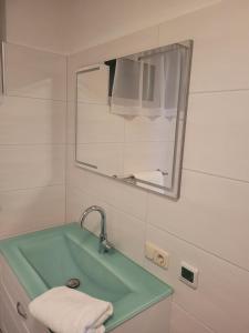 a bathroom with a green sink and a mirror at Ferienwohnung Birkenhügel in Schörfling +24 photos