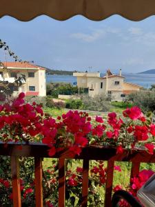 a view of a balcony with red flowers at Theano apartment in Argos