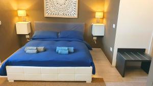 a bedroom with a blue bed with two pillows at Apartment Giotto Eremitani in Padova