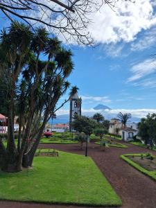 a park with palm trees and a clock tower at Oceanus in Horta