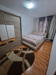 a bedroom with a bed and a large mirror at Two-room apartment in Drăgăşani