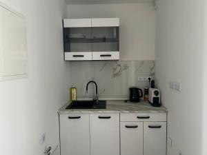 a kitchen with white cabinets and a sink at Noble Rooms Saarbrücken in Saarbrücken