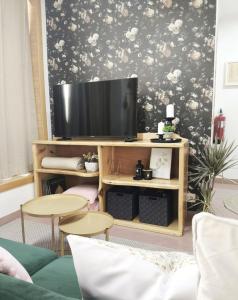 a living room with a flat screen tv on a tv stand at Plaza de la Torre in Pontevedra