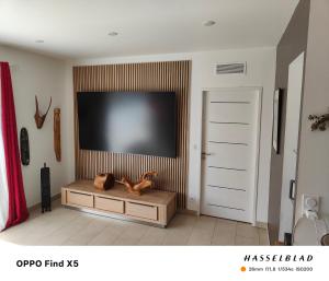 a living room with a flat screen tv on a wall at Villa Mare e Machja in Zonza