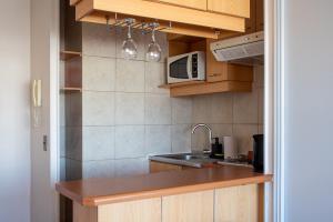 a kitchen with a sink and a microwave at Apart Hotel Plaza Centro in El Cerrillo
