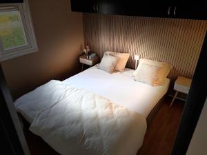 a large white bed in a bedroom with a window at Comfortable Chalet in Berkhout