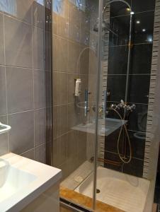 a shower with a glass door in a bathroom at Les Lavandières in Satillieu