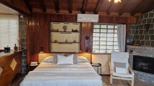 a bedroom with a bed and a chair and a fireplace at Monolocali In Casa Con Giardino Bellagio in Bellagio