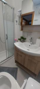 a bathroom with a sink and a toilet and a shower at Andre House in Mesimvría +23 photos
