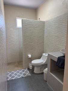 a bathroom with a toilet and a sink and a shower at Apartamentos el Bosque in Jacó