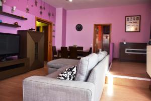 a living room with a couch and a tv at Ciudad Rodrigo La Casa Azul in Ciudad-Rodrigo