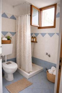 a bathroom with a shower curtain and a toilet at Hakuna Matata in Skala Eresou