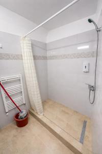 a bathroom with a shower with a mop at Nicolle Cozy Apartment in Piteşti
