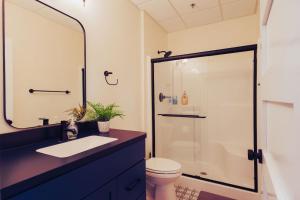 a bathroom with a shower and a sink and a toilet at American Hall - Kaufman Suite in Millersburg +32 photos