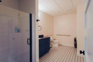 a bathroom with a toilet and a sink and a shower at American Hall - Young Suite in Millersburg +26 photos