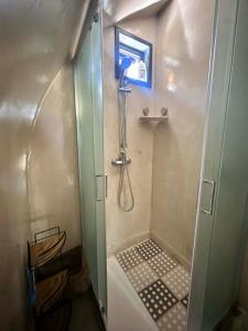 a bathroom with a shower with a glass door at Casa Leandro glamping wooden tiny house in Lachi +28 photos