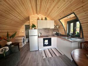 a kitchen with a refrigerator and a sink in a cabin at Casa Leandro glamping wooden tiny house in Lachi