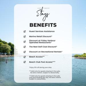 a flyer for the stays benefits on the water at Lake Simcoe Stays - Friday Harbour's Official Rental Program - Scyamore Suite in Innisfil