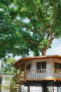 a tree house with a deck under a tree at Silid Pahingahan at Forest Residences in Antipolo