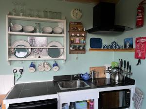 a kitchen with a sink and a counter top at The Aultnamain Shepherds Hut in Wester Fearn +19 photos