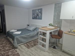 a bedroom with a bed and a table and a sink at Central Studio in Târgu Secuiesc