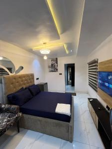 a bedroom with a bed and a flat screen tv at Studio Apartment with Rooftop & Pool Access in Lagos