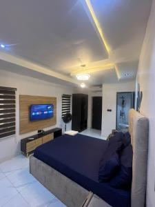 a bedroom with a bed and a flat screen tv at Studio Apartment with Rooftop & Pool Access in Lagos