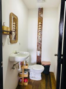 a bathroom with a white toilet and a sink at Mi bohío in Monteverde +22 photos