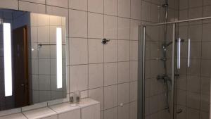 a bathroom with a shower and a mirror at Löns Hotel Garni in Garbsen