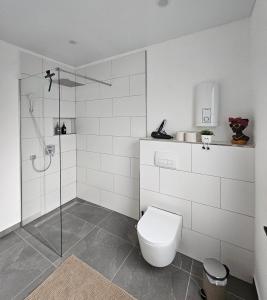 a white bathroom with a shower and a toilet at Luxus-Penthouse mit Panorama-View in Netphen +28 photos