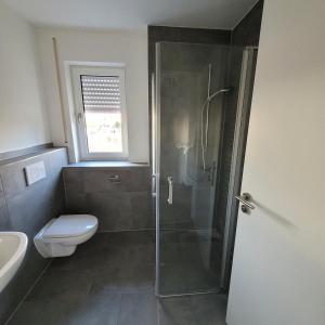 a bathroom with a shower with a toilet and a sink at Appartement mit 3 Zimmern in Straubing