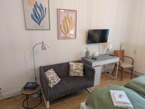 a living room with a couch and a tv at ANKU's in Krems an der Donau