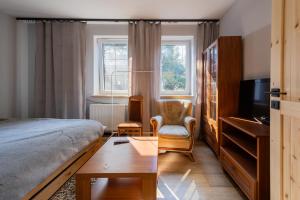 a bedroom with a bed and a tv and a chair at Domek nad rzeką in Joniec