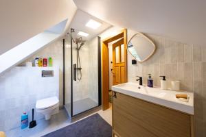 a bathroom with a sink and a shower and a toilet at Domek nad rzeką in Joniec +26 photos