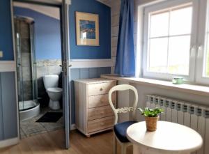 a bathroom with a table and a shower and a toilet at Akacjowe Wzgórze in Wielęcin +21 photos