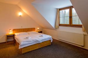 a bedroom with a bed and a window at Penzion Pašta in Říčky