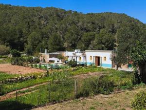 a house in a field with a mountain in the background at Can Pep Pardal in Sant Miquel de Balansat