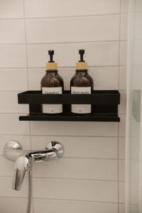 two bottles of soap on a shelf in a bathroom at Apartmány park in Poděbrady +45 photos