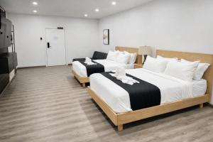 two beds in a hotel room with white and black sheets at The Hive Boutique Hotel Double Room 109 in Scarborough +21 photos