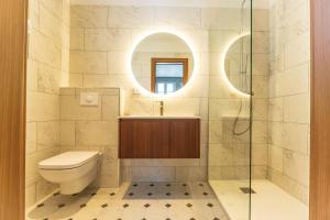 a bathroom with a toilet and a sink and a mirror at Juliette in Venaco +4 photos