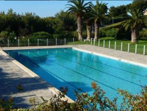 a blue swimming pool with palm trees in the background at Face a la mer Cassis in Cassis