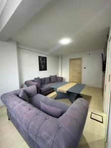 a living room with a purple couch and a table at Marin konaklama in Pendik