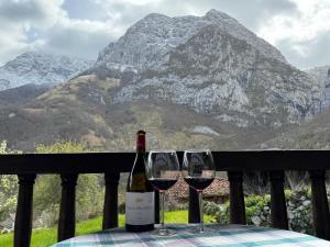 two glasses of wine on a table with a mountain at Casa de Aldea EL Fusu in Taranes +9 photos