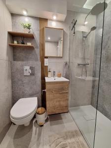 a bathroom with a shower and a toilet and a sink at Apartament TARNÓW LWOWSKA CENTRUM in Tarnów +21 photos