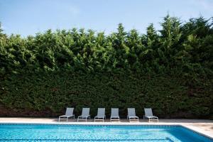 ein Schwimmbecken mit Stühlen und einer Hecke in der Unterkunft BLUESEA Noja in Noja