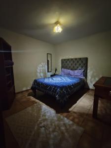 sypialnia z łóżkiem z niebieską kołdrą w obiekcie Apartment 2 w mieście Santa María Tonantzintla