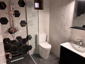 a bathroom with a shower and a toilet and a sink at Stadium Side Rooms in Craiova